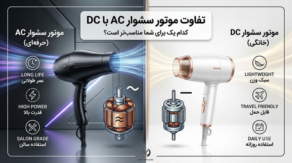 موتور AC بهتره یا DC؟ تفاوت موتور سشوار خانگی و حرفهای به زبان ساده