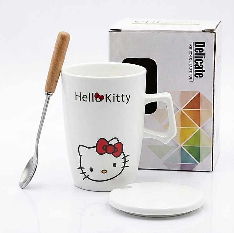 ست ماگ سرامیکی هلو کیتی(Hello Kitty) به همراه درب و قاشق دسته چوبی