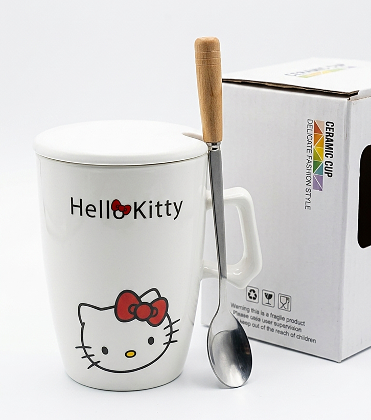 ست ماگ سرامیکی هلو کیتی(Hello Kitty) به همراه درب و قاشق دسته چوبی