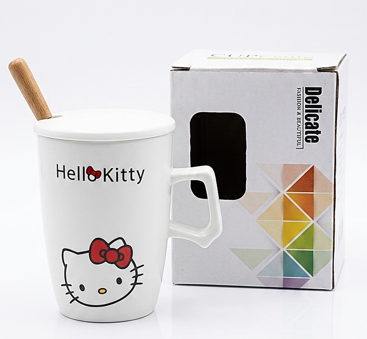 ست ماگ سرامیکی هلو کیتی(Hello Kitty) به همراه درب و قاشق دسته چوبی