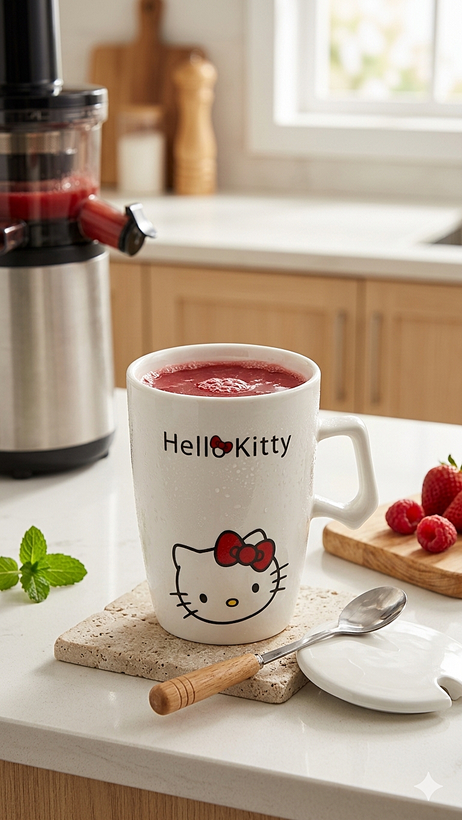 ست ماگ سرامیکی هلو کیتی(Hello Kitty) به همراه درب و قاشق دسته چوبی